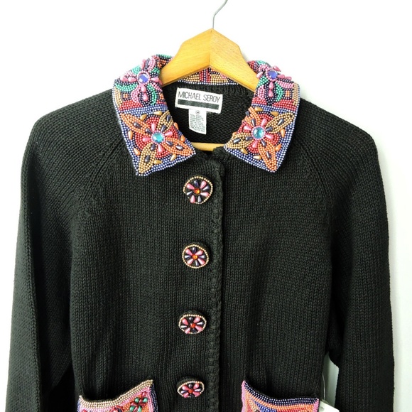 Vintage 90's rare Michael Seroy black cardigan colorful beaded art New - Picture 5 of 8